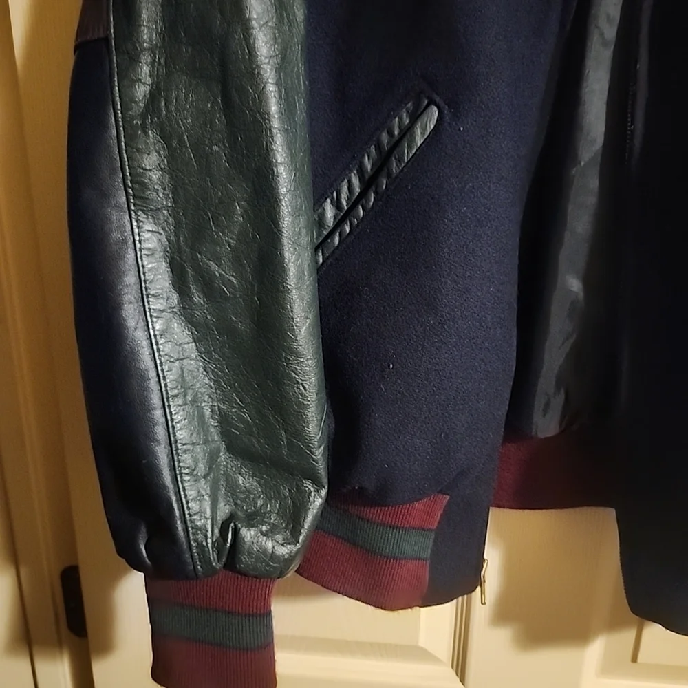 Holloway Black Navy Wool & Leather Bomber Jacket Varsity